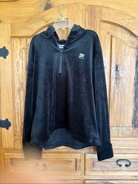 FILA Black.velour Half-Zip Hoodie with Logo Patch